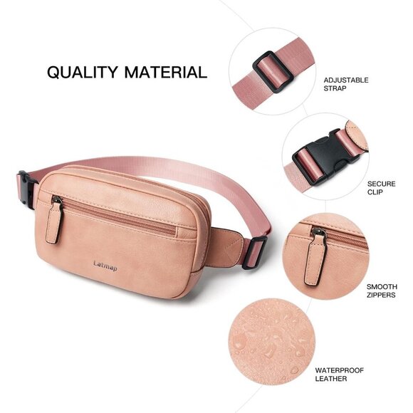 LATMAP 2L Fanny Pack, Faux Leather Waterproof Crossbody Waist Bag, Light-Pink - Picture 5 of 7